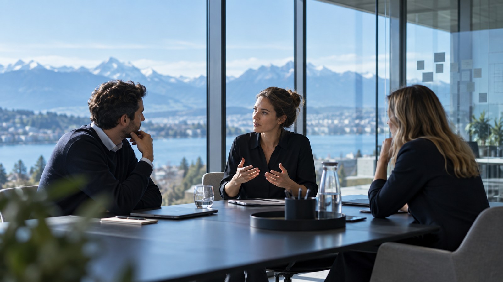 Illustrative Szene: Fachpersonen diskutieren gemeinsam in einem modernen Besprechungsraum
